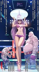  2boys arm_tattoo bare_legs bikini boxing_gloves breasts chinese_commentary chinese_text commentary_request earrings female halo high_heels highres holding holding_sign hyena jewelry legs long_hair long_legs multiple_boys navel original panties photoshop_(medium) pink_footwear pink_panties pink_shorts purple_eyes purple_hair round_girl san_sheng_wan scar short_shorts shorts shoulder_tattoo sign simplified_chinese_text solo_focus spotlight swastika swimsuit tattoo translation_request underwear very_long_hair 