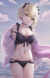  arm_strap bikini black_bikini black_choker blonde_hair blush breasts cardigan choker cleavage cloud cloudy_sky cowboy_shot cross-laced_clothes ear_piercing earrings female frilled_bikini frills green_eyes grin hair_ornament hair_ribbon hairclip heart heart_tattoo highres holding holding_swim_ring innertube iris_black_games jewelry kurumi_noah leg_tattoo legs_together long_sleeves looking_at_viewer medium_breasts multi-strapped_bikini navel ocean off_shoulder open_cardigan open_clothes outdoors piercing pink_sweater pomelunch ribbon sidelocks sky sleeves_past_wrists smile solo sparkle stomach sweater swim_ring swimsuit tattoo teeth thighs two_side_up virtual_youtuber vspo! wet 