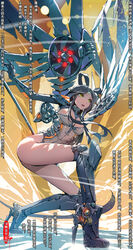  armored_boots ass bad_anatomy black_footwear black_gloves boots breasts brown_hair chang&#039;e chinese_commentary chinese_mythology chinese_text cleavage cleavage_cutout clothing_cutout commentary_request elbow_gloves female full_body gloves green_eyes grey_leotard high_heel_boots high_heels highleg highleg_leotard highres knee_boots large_breasts leaning_forward leotard light_particles machinery mechanical_wings original parted_lips photoshop_(medium) san_sheng_wan simplified_chinese_text solo thigh_boots thighhighs translation_request wings 