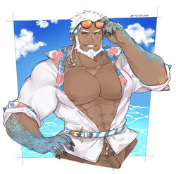  1boy abs absurdres aegir_(housamo) bara bare_pectorals beard blue_eyes cloud cloudy_sky cropped_legs dark-skinned_male dark_skin earrings eyewear_on_head facial_hair fingernails fins fish_boy highres jewelry large_pectorals male_focus manami_(fearfac666) mature_male muscular muscular_male navel nipples open_clothes open_shirt pectorals sharp_fingernails shirt short_hair single_earring sky smirk solo sunglasses tokyo_afterschool_summoners water white_hair white_shirt 