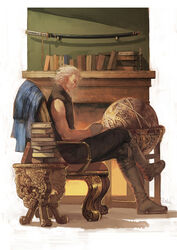  1boy book book_stack boots chair closed_mouth commentary_request crossed_legs devil_may_cry_(series) et.m globe gloves holding holding_book katana male_focus photoshop_(medium) profile reading sheath sheathed sitting sleeveless solo sword vergil_(devil_may_cry) weapon white_hair yamato_(sword) 