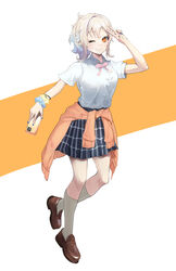  absurdres arm_up blonde_hair blue_eyes blue_nails blue_skirt bow bowtie brown_footwear brown_socks cellphone closed_mouth clothes_around_waist collared_shirt commentary daiiichukiii dress_shirt female full_body highres holding holding_phone kneehighs looking_at_viewer love_live! love_live!_nijigasaki_high_school_idol_club miyashita_ai nail_polish one_eye_closed orange_eyes orange_sweater phone pink_bow pink_bowtie pleated_skirt shirt shoes short_sleeves skirt smartphone smile socks solo standing sweater sweater_around_waist v white_shirt 