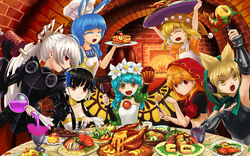  6+girls animal_ears aqua_hair armor black_hair blonde_hair blue_hair bow brown_eyes butterfly_wings chef_hat closed_eyes colored_eyelashes cornelius_(odin_sphere) cornelius_(odin_sphere)_(cosplay) cosplay crop_top earmuffs eternity_larva fairy floppy_ears flower food fork fujiwara_no_mokou gwendolyn_(odin_sphere) gwendolyn_(odin_sphere)_(cosplay) hair_between_eyes hair_flower hair_ornament hairbow hat head_wreath highres holding holding_food holding_fork holding_knife holding_plate holding_tray houraisan_kaguya insect_wings junko_(touhou) knife light_brown_hair long_hair mercedes_(odin_sphere) mercedes_(odin_sphere)_(cosplay) multiple_girls myris myris_(cosplay) odin_sphere okema open_mouth orange_eyes orange_hair oswald_(odin_sphere) oswald_(odin_sphere)_(cosplay) parody plate pointy_hair pooka_(odin_sphere) rabbit_ears red_eyes ringo_(touhou) seiran_(touhou) short_hair smile touhou toyosatomimi_no_miko tray velvet_(odin_sphere) velvet_(odin_sphere)_(cosplay) white_bow white_flower white_hair white_headwear wings yellow_eyes 