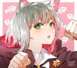  animal_ear_fluff animal_ears artist_name bandage_on_face bandages bandaid bandaid_on_face border brown_jacket cat_ears clenched_hands closz collared_shirt english_commentary female fish_bone green_eyes grey_hair highres hood hooded_jacket jacket kemonomimi_mode looking_at_viewer miyu_ottavia multicolored_hair nijisanji nijisanji_id open_mouth patterned_background pink_background pink_hair shirt short_hair solo streaked_hair two-tone_hair virtual_youtuber watermark white_border white_shirt 