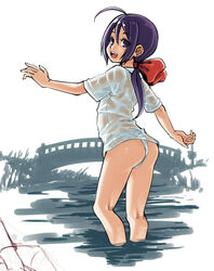  ahoge ass bakumatsu_rouman bridge female fundoshi ichijou_akari japanese_clothes long_hair low_ponytail open_mouth outstretched_arm purple_eyes purple_hair shirt short_sleeves solo standing stupa13a teeth upper_teeth_only wading wet wet_clothes wet_shirt 