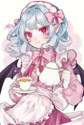  alternate_costume apron back_bow blue_hair blush bow bowtie closed_mouth commentary_request cowboy_shot cup dress dutch_angle enmaided female flower_button frills hairbow heart heart_in_eye highres holding holding_saucer holding_teapot jewelry long_sleeves maid maid_apron maid_headdress medium_hair nail_polish pink_bow pink_bowtie pink_dress pointy_ears red_eyes red_nails remilia_scarlet ring saucer signature simple_background smile solo standing star_(symbol) symbol_in_eye tea teacup teapot touhou wavy_hair white_background white_bow youtan 