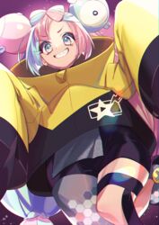  bike_shorts character_hair_ornament commentary_request eyelashes female from_below grin hair_ornament highres iono_(pokemon) jacket leg_up long_hair mochitsuki_kagami pink_hair pokemon pokemon_sv sharp_teeth sleeves_past_fingers sleeves_past_wrists smile solo star_(symbol) star_print teeth thigh_strap twintails yellow_jacket 