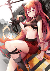  absurdres arknights bare_arms black_choker black_footwear black_shirt boots breasts choker commentary crop_top female hair_between_eyes highres horns long_hair looking_at_viewer medium_breasts midriff miniskirt nail_polish navel official_alternate_costume pencil_skirt purple_eyes red_hair red_nails red_skirt shin_strap shirt short_sleeves sitting skirt solo stomach surtr_(arknights) surtr_(liberte_echec)_(arknights) thighs torn_clothes torn_shirt underboob very_long_hair xiongshouji 