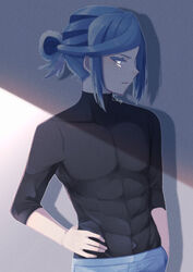  1boy black_shirt blue_eyes blue_hair commentary_request covered_abs covered_collarbone eyelashes grusha_(pokemon) hair_bun hand_on_hip male_focus mocacoffee_1001 outline pants parted_lips pokemon pokemon_(game) pokemon_sv shadow shirt signature sleeves_past_elbows solo toned toned_male 