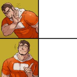  1boy bara blush brown_hair chest closed_eyes facial_hair frown gesture index_finger_raised male_focus meme muscle onionworkshop orange_hoodie original parody short_hair stubble tagme thick_eyebrows upper_body 