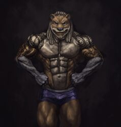  abs anthro athletic beard biceps big_muscles bulge digital_media_(artwork) dreadlocks facial_hair fur hair hi_res looking_at_viewer male mammal maverick_gunshow muscular muscular_anthro muscular_arms muscular_legs muscular_male mustelid navel otter pecs solo tattoo valentinapaz wrestler 