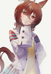  agnes_tachyon_(umamusume) animal_ears brown_hair buttons closed_mouth coat commentary_request daiiichukiii female hair_between_eyes hand_up horse_ears horse_girl horse_tail lab_coat long_sleeves looking_at_viewer medium_hair open_clothes open_coat red_eyes shirt simple_background sleeves_past_fingers sleeves_past_wrists smile solo tail umamusume vial white_shirt yellow_shirt 