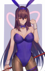  absurdres animal_ears arm_up bare_shoulders black_pantyhose breasts eyebrows_hidden_by_hair fake_animal_ears fate/grand_order fate_(series) female fishnet_pantyhose fishnets hair_between_eyes highres holding holding_polearm holding_weapon long_hair looking_at_viewer off_shoulder pantyhose playboy_bunny polearm purple_hair rabbit_ears red_eyes ribbon scathach_(fate) scathach_(piercing_bunny)_(fate) solo spear standing weapon wrist_cuffs yorukun 