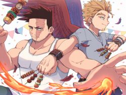  2boys bare_arms beard boku_no_hero_academia casual endeavor_(boku_no_hero_academia) facial_hair fire food hawks_(boku_no_hero_academia) kebab looking_at_viewer male_focus mature_male miso_(mimimiso) multiple_boys muscular muscular_male official_alternate_costume pectoral_cleavage pectorals red_hair scar scar_across_eye scar_on_face short_hair sideburns skewer spiked_hair stubble tank_top upper_body white_tank_top 