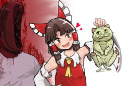  1boy animal ascot bald benikurage_(cookie) blush bow brown_eyes brown_hair commentary_request cookie_(touhou) feline female frilled_bow frilled_hair_tubes frills hair_tubes hairbow hakurei_reimu heart holding holding_animal holding_cat looking_at_viewer manatsu_no_yo_no_inmu medium_hair miura_cat miura_daisenpai oerba_yun_fang open_mouth pai_kebon_baa red_bow red_shirt sarashi scratches shirt simple_background sleeveless sleeveless_shirt touhou upper_body white_background white_shirt yellow_ascot 