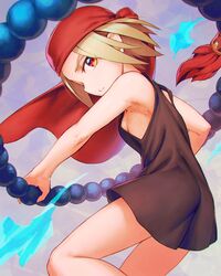  armpits bandana bare_arms bare_shoulders beads black_dress breasts brown_eyes brown_hair commentary dress female jewelry kyouyama_anna necklace prayer_beads rotix shaman_king short_dress short_hair sideboob simple_background sleeveless small_breasts solo 