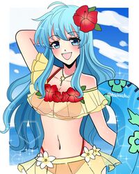  :d aqua_eyes aqua_hair arm_behind_head asukaaasuu bare_shoulders bikini blue_sky breasts cleavage cloud eirika_(fire_emblem) eirika_(summer)_(fire_emblem) female fire_emblem fire_emblem:_the_sacred_stones fire_emblem_heroes flower hair_flower hair_ornament highres holding holding_swim_ring innertube jewelry layered_bikini looking_at_viewer navel necklace official_alternate_costume open_mouth red_bikini see-through sky smile solo swim_ring swimsuit teeth twitter_username two-tone_bikini upper_teeth_only yellow_bikini 