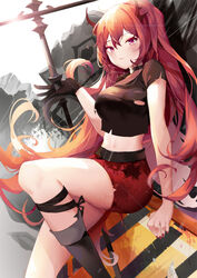  arknights bare_arms black_choker black_footwear black_shirt boots breasts chinese_commentary choker commentary_request crop_top female hair_between_eyes horns long_hair looking_at_viewer medium_breasts midriff miniskirt nail_polish navel official_alternate_costume pencil_skirt purple_eyes red_hair red_nails red_skirt shin_strap shirt short_sleeves sitting skirt solo stomach surtr_(arknights) surtr_(liberte_echec)_(arknights) thighs very_long_hair xiongshouji 