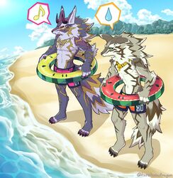  bael_(tas) beach bottomwear canid canine canis clothing countershading demon duo food_pool_toy food_print fruit_pool_toy fruit_print hi_res horn in_swim_ring inflatable inner_tube jackal jewelry kurehusadragon lifewonders male mammal muscular muscular_male number number_on_clothing number_print pictographics plant_print polygonal_speech_bubble pool_toy print_pool_toy seaside seth_(tas) shorts speech_bubble swim_ring tokyo_afterschool_summoners watermelon_pool_toy watermelon_print 