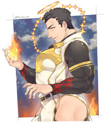  1boy absurdres artist_name bara black_bodysuit black_hair bodysuit bulge clothing_cutout cropped_legs facial_hair fire flaming_halo from_side halo highres looking_at_viewer male_focus manami_(fearfac666) muscular muscular_male pelvic_curtain short_hair skin_tight solo stubble thick_thighs thigh_cutout thighs tight_clothes tokyo_afterschool_summoners yellow_eyes zabaniyya_(housamo) 