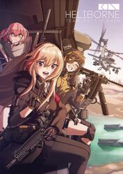  3girls ah-1z_viper aircraft ammunition ammunition_belt ar-15 assault_rifle bandana behalter browning_m3 city cityscape commentary eyepatch girls&#039;_frontline gloves gun helicopter highres knee_pads m16a1_(girls&#039;_frontline) m4_carbine m4_sopmod_ii m4_sopmod_ii_(girls&#039;_frontline) machine_gun multiple_girls pose rifle river scope ship smile st_ar-15_(girls&#039;_frontline) suppressor v watercraft waving weapon 