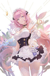  breasts bug butterfly cleavage closed_mouth dress_flower elbow_gloves elf elysia_(honkai_impact) elysia_(miss_pink_elf)_(honkai_impact) female flower garter_straps gloves grills highres honkai_(series) honkai_impact_3rd large_breasts long_hair looking_at_viewer maid maid_headdress official_alternate_costume pink_hair pointy_ears smile solo taichi_(yirkorn) thighhighs white_gloves white_thighhighs 