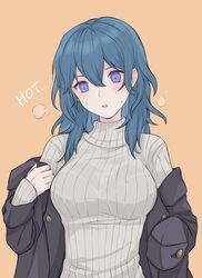  akina_(akn_646) blue_eyes blush breasts byleth_(fire_emblem) byleth_(fire_emblem)_(female) cowboy_shot english_text female fire_emblem fire_emblem:_three_houses green_hair grey_sweater hair_between_eyes highres jacket large_breasts long_hair removing_jacket ribbed_sweater solo sweat sweater tan_background turtleneck turtleneck_sweater 