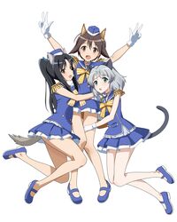  3girls animal_ears arms_up blouse blue_footwear blue_headwear blue_shirt blue_skirt bow bowtie brown_eyes brown_hair cat_ears cat_girl cat_tail commentary_request dog_ears dog_girl dog_tail double_w epaulettes floating garrison_cap girl_sandwich gloves green_eyes grey_hair hair_flaps hat hattori_shizuka highres hug idol idol_clothes kaneko_(novram58) layered_skirt legs_up long_hair looking_at_viewer mary_janes miniskirt miyafuji_yoshika multiple_girls open_mouth pleated_skirt ponytail sandwiched sanya_v._litvyak shirt shoes short_hair simple_background skirt smile strike_witches tail w white_background white_gloves world_witches_series yellow_bow yellow_bowtie 