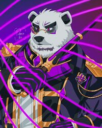  anthro bear beard borealis_(live_a_hero) conducting_baton conductor daneonkio eyebrows eyewear facial_hair fur gold_trim hi_res lifewonders live_a_hero male mammal monocle polar_bear purple_theme solo supervillain thick_eyebrows ursine white_body white_fur 