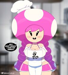  absurd_res anthro blush breasts clothing english_text female glistening glistening_body glistening_clothing hi_res humanoid looking_at_viewer mario_bros nintendo solo somescrub text toad_(mario) toadette 