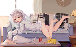  absurdres animal_hair_ornament animal_hood ass barefoot can candy_wrapper chinese_commentary clock commentary couch drink_can fate/grand_order fate_(series) feet female grey_hair highres hokori_sakuni hood hoodie indoors lampshade legs_up long_sleeves looking_at_viewer lying official_art on_couch on_stomach open_mouth phone pillow project-sp red_eyes shirakami_haruka short_hair sleeves_past_fingers sleeves_past_wrists soda_can solo stuffed_seal stuffed_toy table the_pose thighs virtual_youtuber 