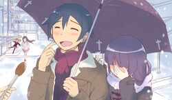  1boy 3girls aragaki_ayase black_coat black_hair blunt_bangs brown_jacket coat commentary_request couple covering_face gokou_ruri holding holding_umbrella interview jacket kousaka_kyousuke kurusu_kanako long_hair meme microphone multiple_girls open_mouth ore_no_imouto_ga_konna_ni_kawaii_wake_ga_nai outdoors parody purple_scarf scarf shared_umbrella smile snow special_feeling_(meme) straight takatsuki_akira umbrella white_scarf winter_clothes 