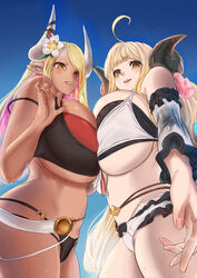  2girls absurdres ahoge anila_(granblue_fantasy) anila_(summer)_(granblue_fantasy) bikini blonde_hair blue_sky blush breast_press breasts curled_horns dark_skin day detached_sleeves draph flower from_below granblue_fantasy hair_flower hair_ornament highres hikimayu horn_ornament horn_ribbon horns huge_breasts kumbhira_(granblue_fantasy) kumbhira_(summer)_(granblue_fantasy) layered_bikini long_hair multicolored_hair multiple_girls official_alternate_costume pink_hair ribbon sky swimsuit symmetrical_docking two-tone_hair very_long_hair yellow_eyes yoki_(gami1774) 