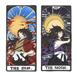  2boys black_hair closed_mouth earrings full_moon highres holding holding_sword holding_weapon japanese_clothes jewelry katana kimetsu_no_yaiba long_hair looking_at_viewer male_focus moon multicolored_hair multiple_boys papajay_(jennygin2) parted_lips ponytail red_eyes red_hair sheath simple_background sun sword tarot tarot_(medium) the_moon_(tarot) the_sun_(tarot) tsugikuni_michikatsu tsugikuni_yoriichi very_long_hair weapon wide_sleeves 