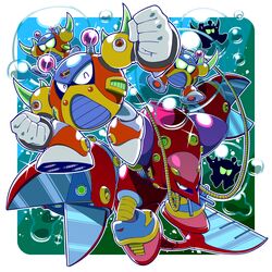  2boys ^_^ air_bubble android border bubble bubble_crab_(mega_man) clenched_hands closed_eyes commentary_request crush_crawfish_(mega_man) gloves in_bubble looking_at_viewer male_focus mega_man_(series) mega_man_x2 mega_man_x3 mega_man_x_(series) multiple_boys napo pincers robot spikes underwater white_border white_gloves 