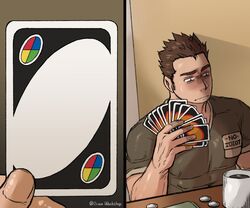  1boy bara brown_hair card coin cup draw_25_(meme) english_text holding holding_card large_pectorals male_focus meme mug muscular muscular_male onionworkshop original parody pectorals playing_card raised_eyebrow short_hair solo table template uno_(game) upper_body 