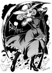  apple bad_apple!! boots bow breasts capelet commentary dated dress drill_hair elly_(touhou) english_text female food frilled_boots frilled_dress frilled_sleeves frills fruit greyscale hat hat_bow heran_hei_mao high_heel_boots high_heels holding holding_scythe long_sleeves looking_at_viewer medium_hair monochrome scythe smile solo standing sun_hat tiles touhou touhou_(pc-98) 