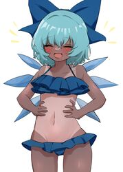  absurdres bikini blue_bikini blue_bow blue_hair blush bow cirno commentary_request cowboy_shot detached_wings facing_viewer female frilled_bikini frills hairbow hands_on_own_stomach highres ice ice_wings mikan_(manmarumikan) navel open_mouth short_hair simple_background solo swimsuit tan tanlines tanned_cirno touhou white_background wings 