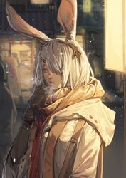  animal_ears arknights bandaid bandaid_on_face bandaid_on_nose banner black_gloves blurry blurry_background breath breathing_on_hands coat commentary_request enpera female frostnova_(arknights) gloves grey_hair hair_ornament hair_over_one_eye hairclip highres hood hood_down lamppost looking_away night one_eye_covered outdoors scarf shenji_laurant snowing solo storefront upper_body warming_hands winter yellow_scarf 