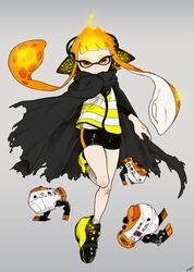  agent_3_(splatoon) artist_name aura autobomb_(splatoon) black_cape black_shorts blunt_bangs cape closed_mouth commentary dated female grey_background headgear inkling inkling_girl inkling_player_character leg_up light_frown orange_eyes orange_hair shoes short_shorts shorts signature simple_background single_vertical_stripe sneakers solo splatoon_(series) splatoon_2 splatoon_2:_octo_expansion squidbeak_splatoon standing standing_on_one_leg tentacle torn_cape torn_clothes vest yellow_footwear yellow_vest yeneny 