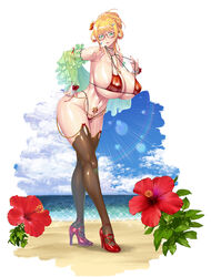  alternate_hairstyle aoi_nagisa_(metalder) beach bikini blonde_hair blue_sky blush breasts cleavage cloud commentary_request curvy detached_sleeves female flower full_body glasses green_eyes hand_on_own_hip hibiscus high_heels highleg highres huge_breasts jewelry kosaka_shizuru large_breasts lilith-soft long_hair looking_at_viewer nail_polish necklace ocean ponytail pubic_tattoo red_bikini sand shiny_skin side-tie_bikini_bottom sky smile string_bikini sunlight swimsuit taimanin_(series) taimanin_asagi taimanin_rpgx tattoo thighhighs thong thong_bikini underboob very_long_hair wide_hips 