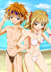  1boy abs ankoku_tiger bad_id bad_pixiv_id beach bikini blonde_hair bracelet brown_eyes brown_hair commentary_request commission commissioner_upload couple day doumoto_kaito earrings female highleg highleg_bikini highres jewelry lipstick_mark male_swimwear mermaid_melody_pichi_pichi_pitch nanami_lucia necklace official_style outdoors short_hair single_earring straight sunglasses swim_briefs swimsuit tongue v white_bikini 