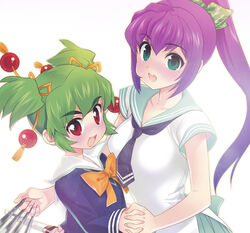  2girls blue_eyes blush green_hair happy hattori_yamame holding_hands interlocked_fingers kage_kara_mamoru! knife kumogakure_hotaru lolicon long_hair madara_sai multiple_girls photoshop_(medium) ponytail purple_hair red_eyes school_uniform short_hair 