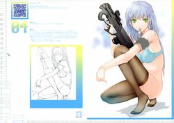  absurdres assault_rifle bra bullpup female fuyuno_haruaki green_eyes gun highres lingerie long_hair magpul_pdr mouth_hold no_panties original qr_code rifle sketch solo submachine_gun thighhighs trigger_discipline underwear weapon 