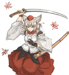  animal_ears commentary_request detached_sleeves female grey_hair hat highres inubashiri_momiji long_skirt michael-x red_eyes short_hair skirt solo sword tokin_hat touhou weapon wolf_ears 