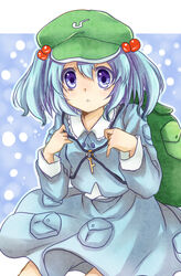  backpack bag blue_eyes blue_hair commentary_request female hair_bobbles hair_ornament hat kawashiro_nitori key rai_(rai-s) solo touhou twintails two_side_up 