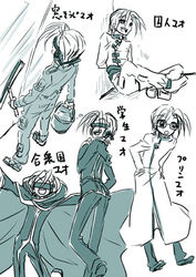  1boy alternate_costume bucket code_geass commentary_request cosplay crazy glass glasses hands_in_pockets headset jacket lab_coat lowres male_focus mao_(code_geass) monochrome multiple_persona nico_(hero300) open_mouth school_uniform smile translation_request zero_(code_geass) zero_(code_geass)_(cosplay) 