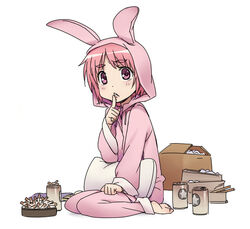  :&lt; animal_ears ashtray barefoot box can cardboard_box cigarette cigarette_butt fake_animal_ears female finger_to_mouth hood hoodie index_finger_raised kizaki_(volvox) long_sleeves pajamas parted_lips pillow pink_eyes pink_hair rabbit_ears short_hair simple_background sitting solo toaru_majutsu_no_index tsukuyomi_komoe wariza white_background 