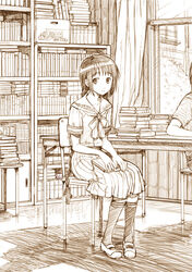  amano_tooko braid brown_theme bungaku_shoujo closed_mouth commentary_request female flat_chest library long_hair long_skirt monochrome muramurakimi sitting sketch skirt smile socks solo traditional_media twin_braids 