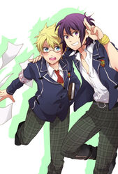  2boys alternate_costume armband bad_id bad_pixiv_id black_eyes black_hair blonde_hair blue_eyes blush book bracelet commentary_request flynn_scifo flynn_scifo_(student_body_president) glasses grin jewelry long_hair male_focus morino_mizu multiple_boys official_alternate_costume school_uniform smile tales_of_(series) tales_of_vesperia yuri_lowell yuri_lowell_(reliable_senior) 